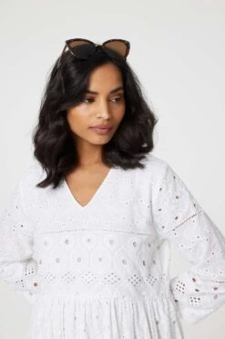 Broderie Anglaise 3/4 Sleeve Midi Dress 13 Broderie Anglaise 3/4 Sleeve Midi Dress -Hallmark Style D171349 WHITE 4