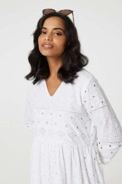 Broderie Anglaise 3/4 Sleeve Midi Dress 14 Broderie Anglaise 3/4 Sleeve Midi Dress -Hallmark Style D171349 WHITE 5