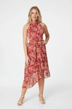 Floral Halter Neck Midi Dress -Hallmark Style D505157 MULTI RED 1
