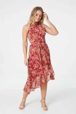 Floral Halter Neck Midi Dress -Hallmark Style D505157 MULTI RED 2