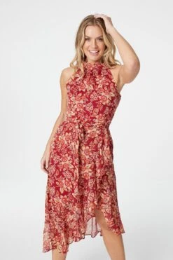 Floral Halter Neck Midi Dress -Hallmark Style D505157 MULTI RED 3