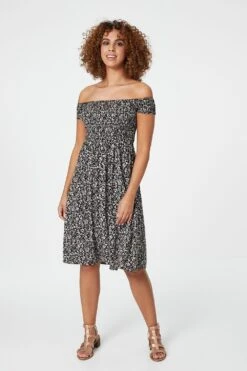 Ditsy Floral Off The Shoulder Dress -Hallmark Style D506755 BLACK 1