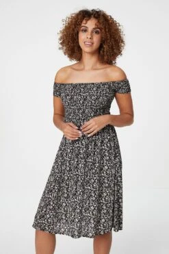 Ditsy Floral Off The Shoulder Dress -Hallmark Style D506755 BLACK 2