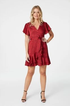 Polka Dot Frilled Wrap Mini Dress -Hallmark Style D506858 RED 1