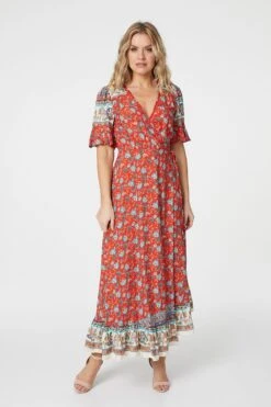 Paisley Print Wrap Maxi Dress -Hallmark Style D507178 MULTI RED 1