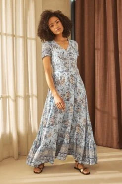 Floral V-Neck Button Front Maxi Dress