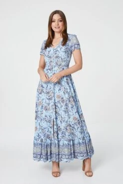 Floral V-Neck Button Front Maxi Dress -Hallmark Style D507923 BLUE 1