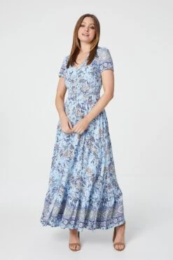Floral V-Neck Button Front Maxi Dress -Hallmark Style D507923 BLUE 2