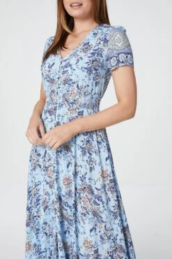 Floral V-Neck Button Front Maxi Dress -Hallmark Style D507923 BLUE 4