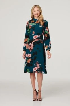 Floral High Neck Midi Dress -Hallmark Style D508245 TEAL 1
