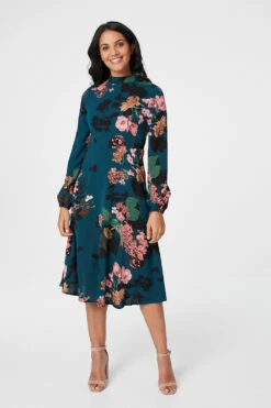 Floral High Neck Midi Dress -Hallmark Style D508245 TEAL 1 2d9a4c82 1046 4cc4 b7b4 d22d85261033