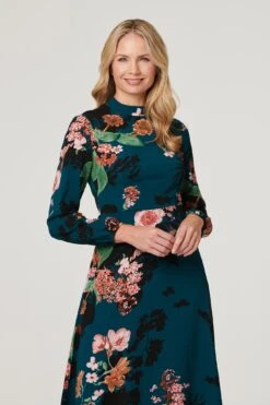 Floral High Neck Midi Dress -Hallmark Style D508245 TEAL 3