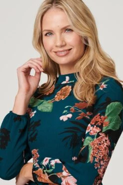 Floral High Neck Midi Dress -Hallmark Style D508245 TEAL 4