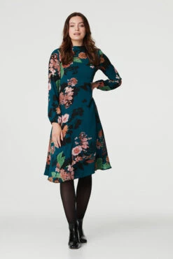 Floral High Neck Midi Dress -Hallmark Style D508245 TEAL 6
