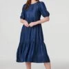 Tiered 1/2 Puff Sleeve Midi Dress -Hallmark Style D508408 DENIM BLUE 1