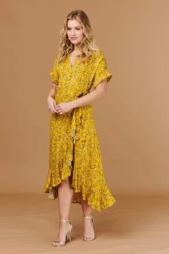 Ditsy Floral Short Sleeve Wrap Dress -Hallmark Style D508786 MUSTARD 2