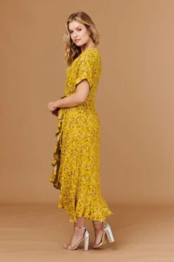 Ditsy Floral Short Sleeve Wrap Dress -Hallmark Style D508786 MUSTARD 3
