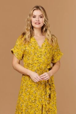 Ditsy Floral Short Sleeve Wrap Dress -Hallmark Style D508786 MUSTARD 5