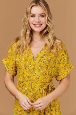 Ditsy Floral Short Sleeve Wrap Dress -Hallmark Style D508786 MUSTARD 6