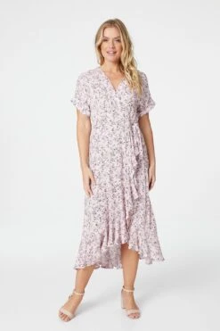 Ditsy Floral Short Sleeve Wrap Dress -Hallmark Style D508786 PINK 1