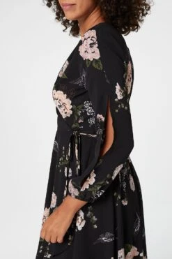Floral Long Sleeve Wrap Dress -Hallmark Style D508850 MULTI BLACK 5