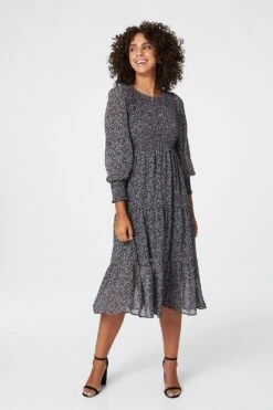 Ditsy Print Smocked Midi Dress