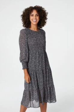 Ditsy Print Smocked Midi Dress -Hallmark Style D509544 BLACK 3