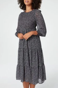 Ditsy Print Smocked Midi Dress -Hallmark Style D509544 BLACK 4