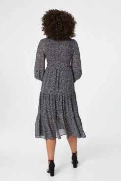 Ditsy Print Smocked Midi Dress -Hallmark Style D509544 BLACK 5