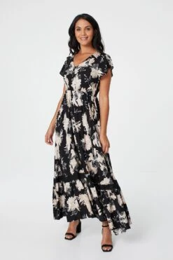 Floral Short Sleeve Tiered Maxi Dress -Hallmark Style D509761 MULTI BLACK 1