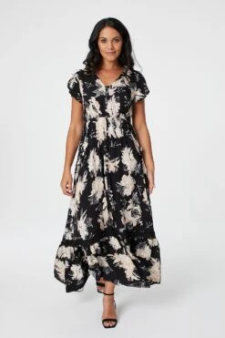 Floral Short Sleeve Tiered Maxi Dress -Hallmark Style D509761 MULTI BLACK 3