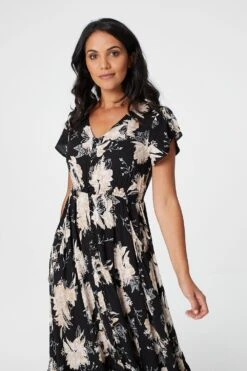 Floral Short Sleeve Tiered Maxi Dress -Hallmark Style D509761 MULTI BLACK 4