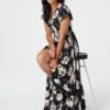 Floral Short Sleeve Tiered Maxi Dress -Hallmark Style D509761 MULTI BLACK 9