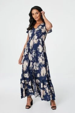 Floral Short Sleeve Tiered Maxi Dress -Hallmark Style D509761 MULTI NAVY 1