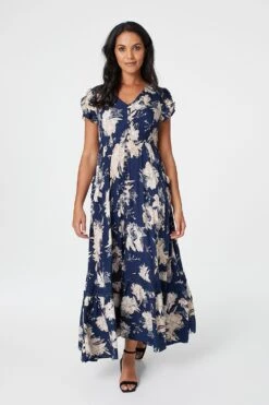 Floral Short Sleeve Tiered Maxi Dress -Hallmark Style D509761 MULTI NAVY 2