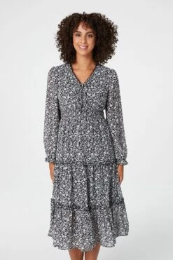 Ditsy Print Tiered Midi Dress -Hallmark Style D510367 MULTI BLACK 2