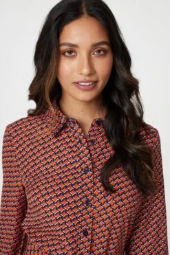 Printed Tie Waist Shirt Dress -Hallmark Style D510713 ORANGE 4