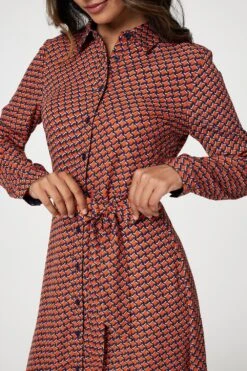 Printed Tie Waist Shirt Dress -Hallmark Style D510713 ORANGE 5