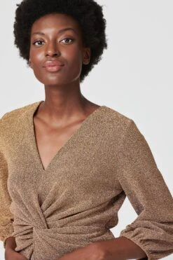 Twist Front 3/4 Sleeve Mini Dress -Hallmark Style D510719 GOLD 3