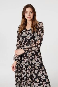 Floral Drawstring Waist Midi Dress -Hallmark Style D511813 MULTI BLACK 2