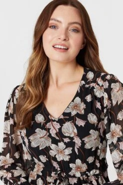 Floral Drawstring Waist Midi Dress -Hallmark Style D511813 MULTI BLACK 3