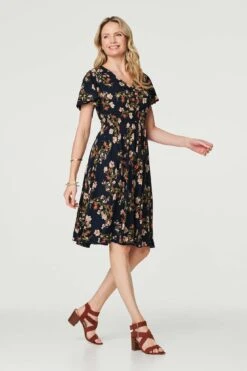Floral Angel Sleeve Short Dress -Hallmark Style D511977 MULTI NAVY 2