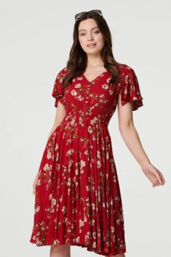 Floral Angel Sleeve Short Dress -Hallmark Style D511977 MULTI RED 2