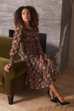 Vintage Floral Smocked Midi Dress