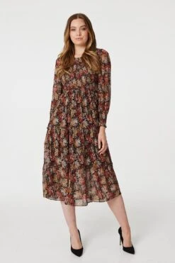 Vintage Floral Smocked Midi Dress -Hallmark Style D512404 MULTI RUST 1