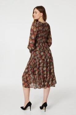 Vintage Floral Smocked Midi Dress -Hallmark Style D512404 MULTI RUST 5