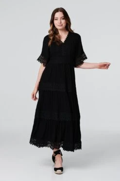 Short Sleeve Crochet Maxi Dress -Hallmark Style D512419 BLACK 1
