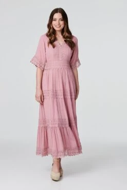 Short Sleeve Crochet Maxi Dress -Hallmark Style D512419 MUSK PINK 1