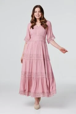 Short Sleeve Crochet Maxi Dress -Hallmark Style D512419 MUSK PINK 2