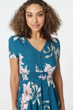 Floral Fit & Flare Maxi Dress -Hallmark Style D512448 TEAL 4